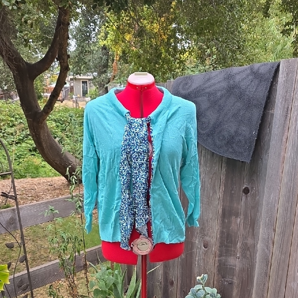 Women's Blue Cardigan with Patterned Scarf